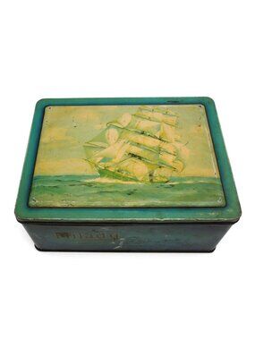 Vintage Milady Toffee Tin Nautical Ship Hinged Metal Box England Decor